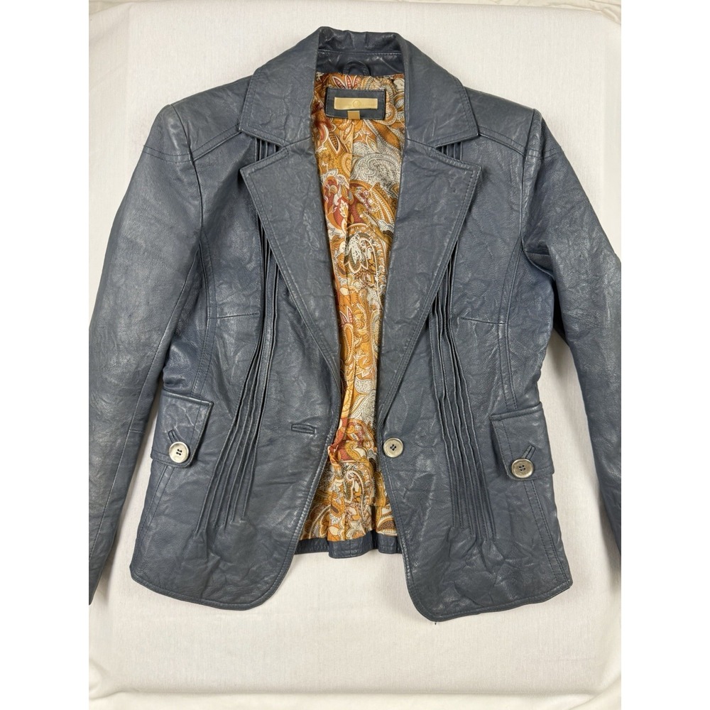 Wilsons Leather Blue Pleated Paisley Lined Blazer Womens Small Boho Retro Chic